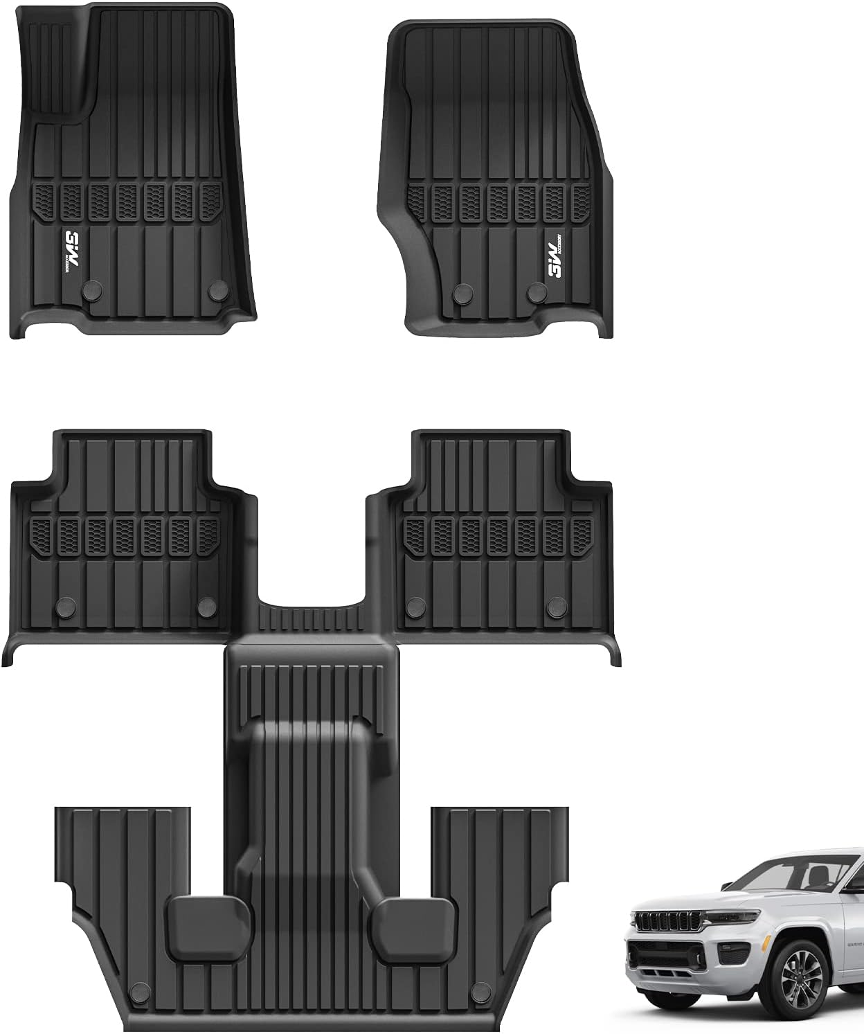 3W Floor Mats Fit for Jeep Grand Cherokee L 2021-2024 2025, TPE All Weather Custom Fit Floor Liner for 1-3 Rows Full Set Car Mats Black (Only for 6 Seater Without Center Console)