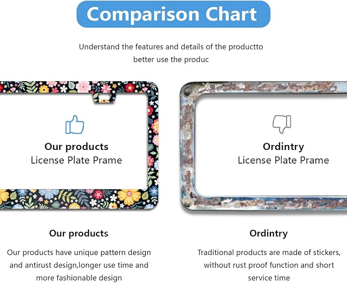 Colorful Flowers and Leaves License Plate Frame Cute Floral License Plate Frames Aluminum Car Accessories Cover with 2 Holes and Screws 12 x 6 Inch for Front Rear Car Plate Decor for Women Men