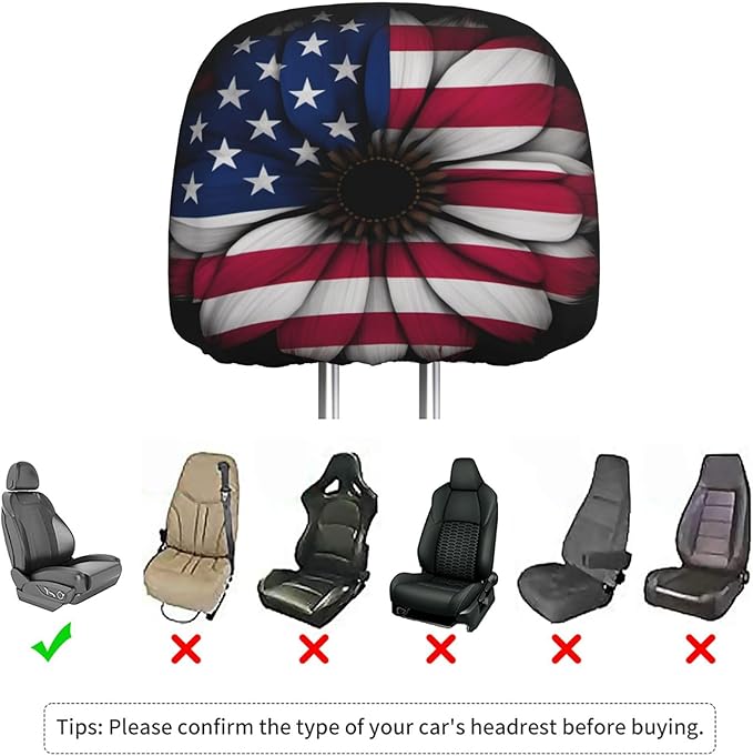 Dujiea 2 Pack American Flag Daisy Car Headrest Covers, Universal Soft Car Seat Head Rest Cover Protector, Vehicle Accessories Fabric Headrest Cover for Cars Vans Trucks