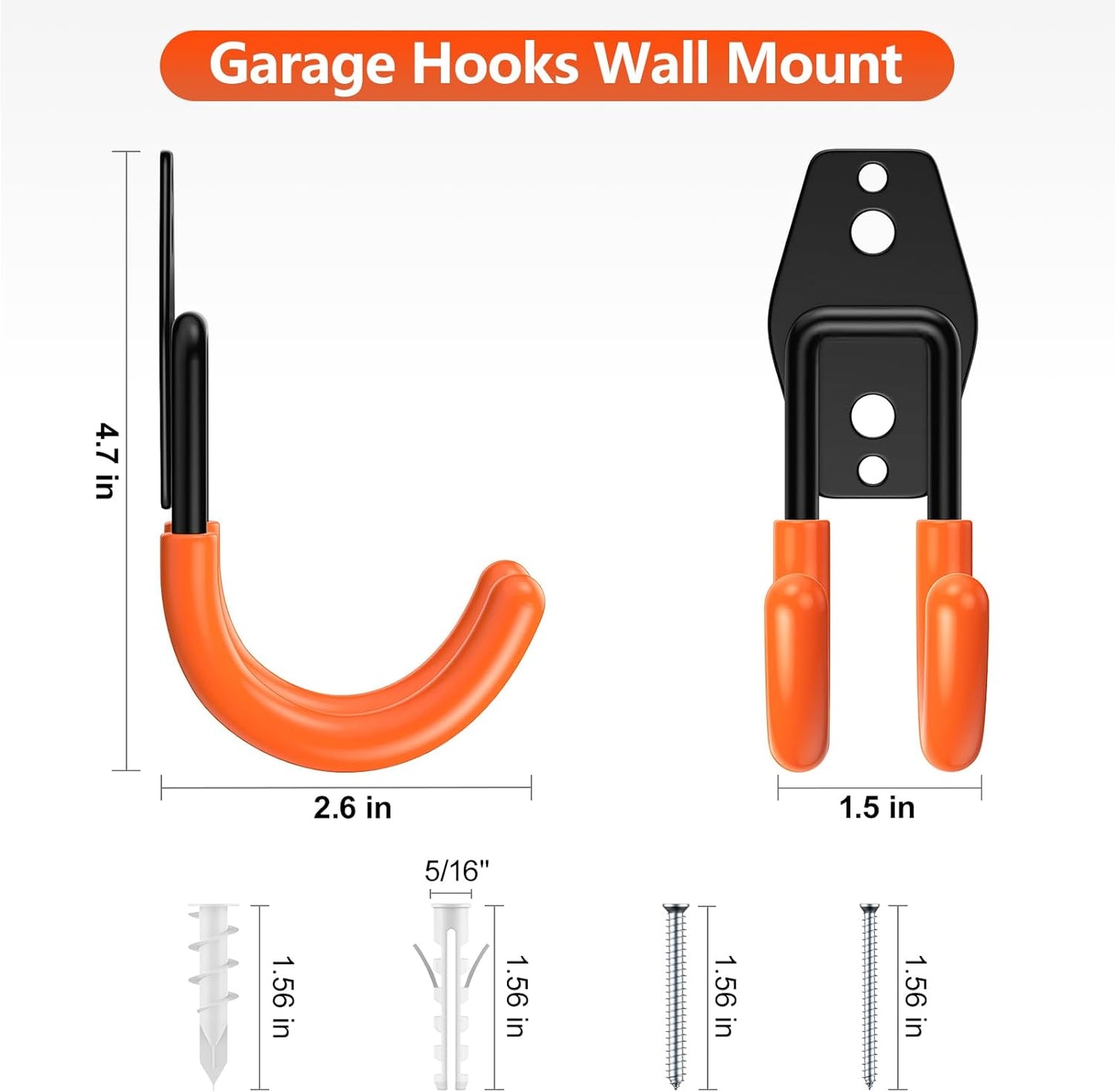 8 Pack 4.7x2.6 Inch Utility Steel Wall Mount Heavy Duty Garage Hooks with Anti-Slip Coating,Storage More Yard,Garden and Power Tools and for Hanging Hose,Ladder and Bike