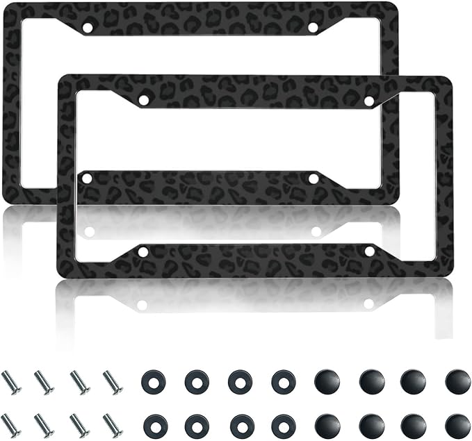License Plate Frame 2 Pack Front Rear Aluminum Metal Rust-Proof Universal Car Tag Frames Holder with 4 Holes Car Decor Accessory with Screws for Men Women - Black Leopard