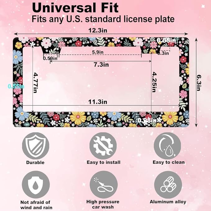 1pcs Hippie Flowers Floral License Plate Frame for Women,Yellow Black Plant Theme Floral car Decorative tag Frames Girly,Nature Flowers Floral License Plate Cover Holder for Vehicle with tag Keychain