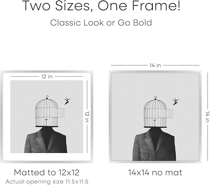 Homeforia Silver 14x14 Picture Frame, High End Metal 14 x 14 Square Frame with Mat 12 x 12 Photo, 14x14 Poster Frames Matted to 12x12 Print, 14 by 14 Hanging Frames, Tempered Glass, Wall Kit, Set of 3