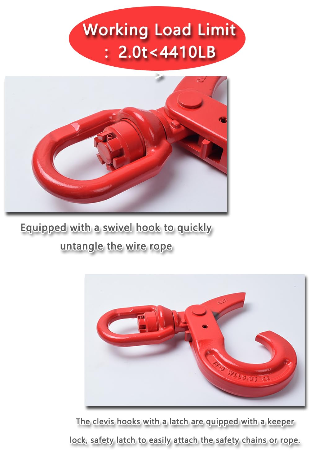Heavy Duty Swivel Lifting Hook - 4410 lbs Capacity - Hoist Hook Sling for Heavy Cargo