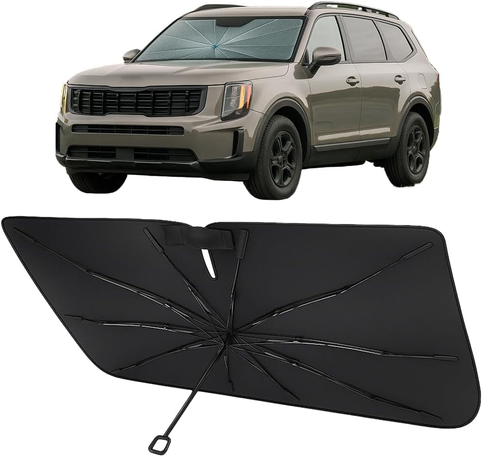 Proadsy Windshield Sun Shade Umbrella for Kia Sorento 2021-2025 2026 Foldable Car Umbrella Sunshade with Soft TPU Handle Spring Structure Crystal Cooling Material Protect Car from Rays & Heat