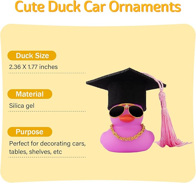 wonuu Car Dashboard Decor Graduation Hat Color Rubber Duck, Car Ducks Ornaments with Mini Graduation Hat Necklace Sunglasses (Purple)