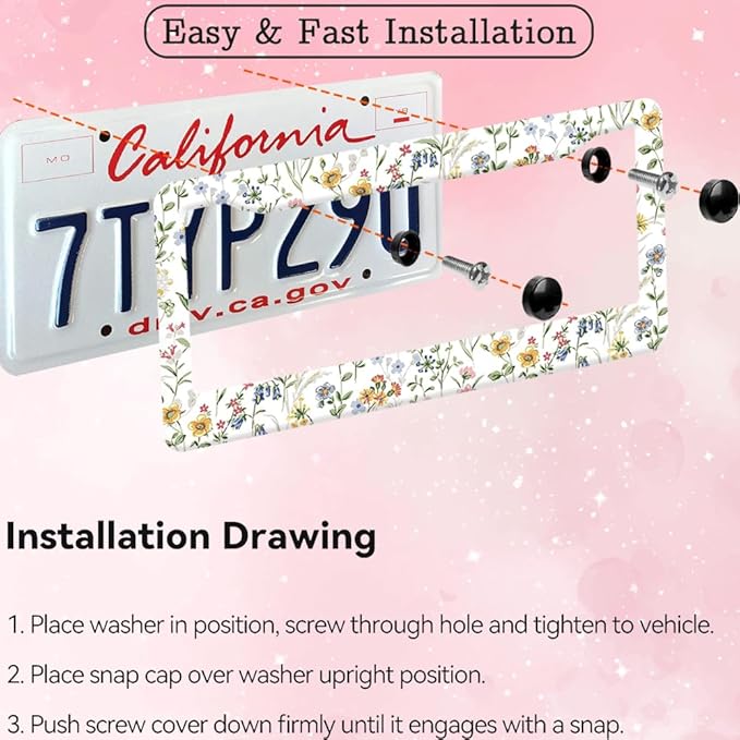 2pcs Wild Flowers Floral License Plate Frame for Women, White Flowers Floral car Decorative tag Frames Girly, Natural Life Theme License Plate Cover Holder for Vehicle with Double Sided Keychain tag