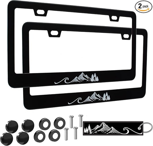 2pcs Ocean Wave Mountains License Plate Frame for Women, Funny Ocean Waves car Decorative tag Frames Girly,Forest License Plate Cover Holder for Vehicle with Double Sided car Keychain tag