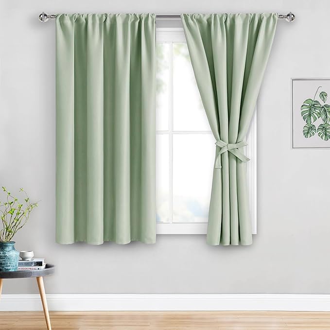 JIUZHEN Blackout Curtains for Bedroom - Thermal Insulated Room Darkening Noise Reducing, 52 x 45 Inch Length Curtains for Living Room, Set of 2 Panels with Tiebacks, Light Green
