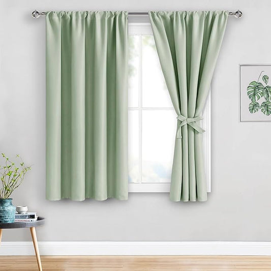 JIUZHEN Blackout Curtains for Bedroom - Thermal Insulated Room Darkening Noise Reducing, 52 x 45 Inch Length Curtains for Living Room, Set of 2 Panels with Tiebacks, Light Green