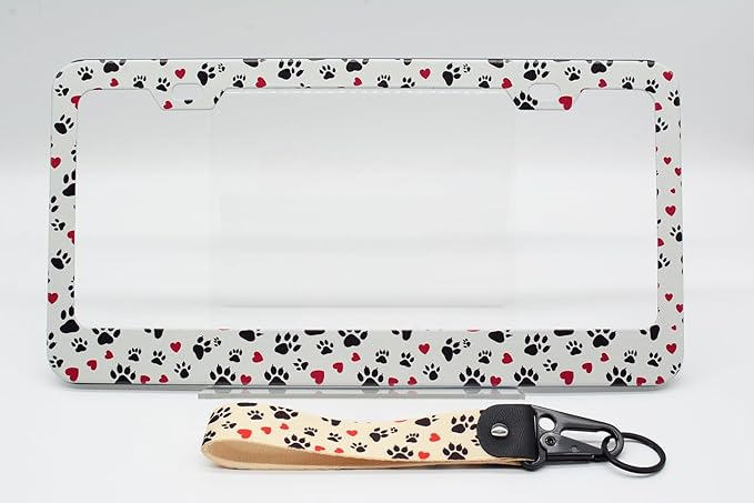 2-Pack Dog Cat Paw License Plate Frames, 2 Holes Cute paw Print Aluminum License Plate Holder for Women Man, Pink Heart License Plate Cover fits US Vehicles 12.3" x 6.3" with Keychain Wrist Lanyard