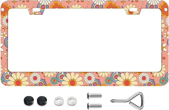 Vintage Floral Background Nostalgic Retro License Plate Frames Rust-Proof Stainless Steel Screws Included Personalized Cover for Women Men Decorate Car with 12.3x6.3 Inch License Plate Holder-DATANSEN