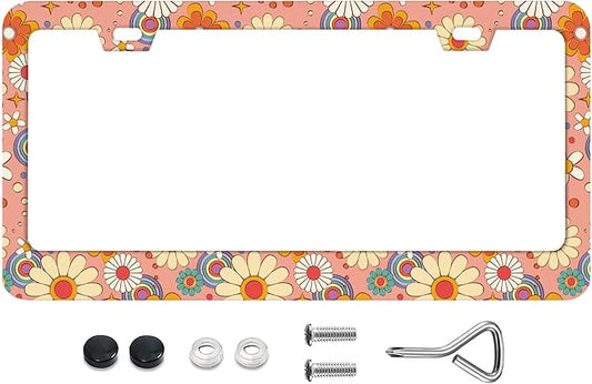 Vintage Floral Background Nostalgic Retro License Plate Frames Rust-Proof Stainless Steel Screws Included Personalized Cover for Women Men Decorate Car with 12.3x6.3 Inch License Plate Holder-DATANSEN