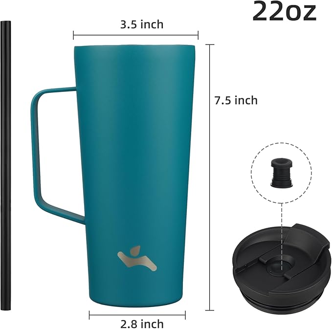 Insulated Tumbler with Handle and Straw, 22 OZ Travel Coffee Mug Stainless Steel Cup Metal Water Bottle,Blue