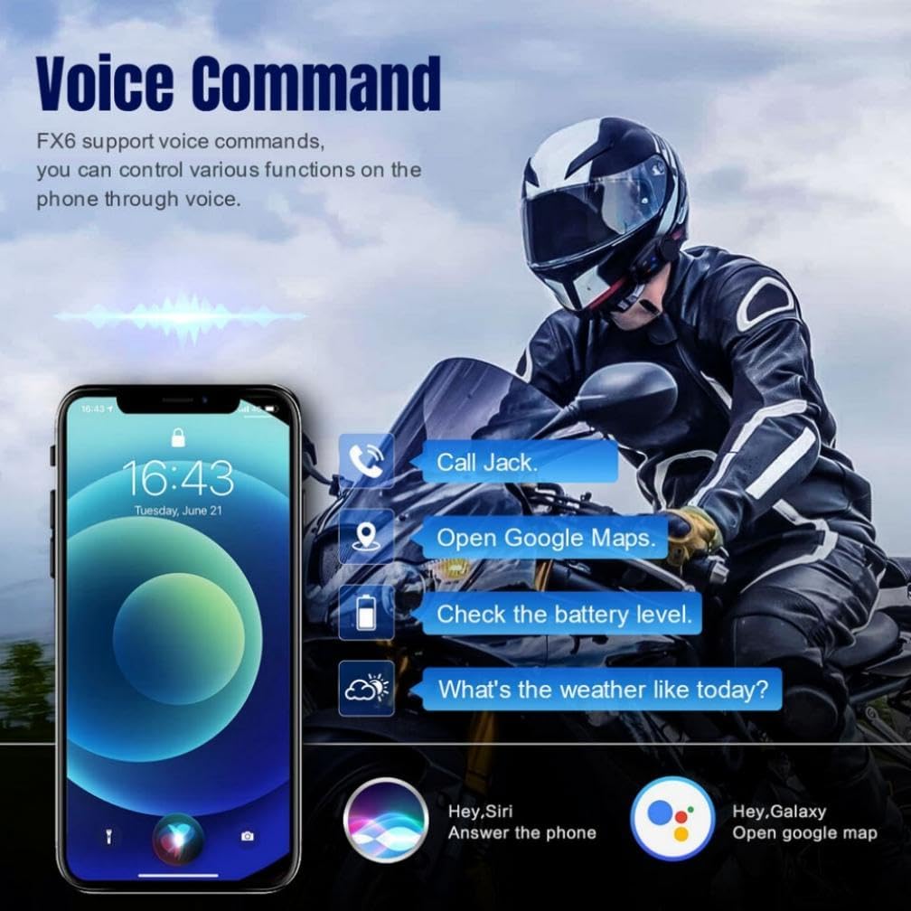 Fodsports FX6 Motorcycle Bluetooth Headset 2 Pack, 6 Riders Group Motorcycle Intercom Bluetooth, 1000M Motorbike Helmet Communication Systems/Voice Command/Universal Pairing/FM Radio