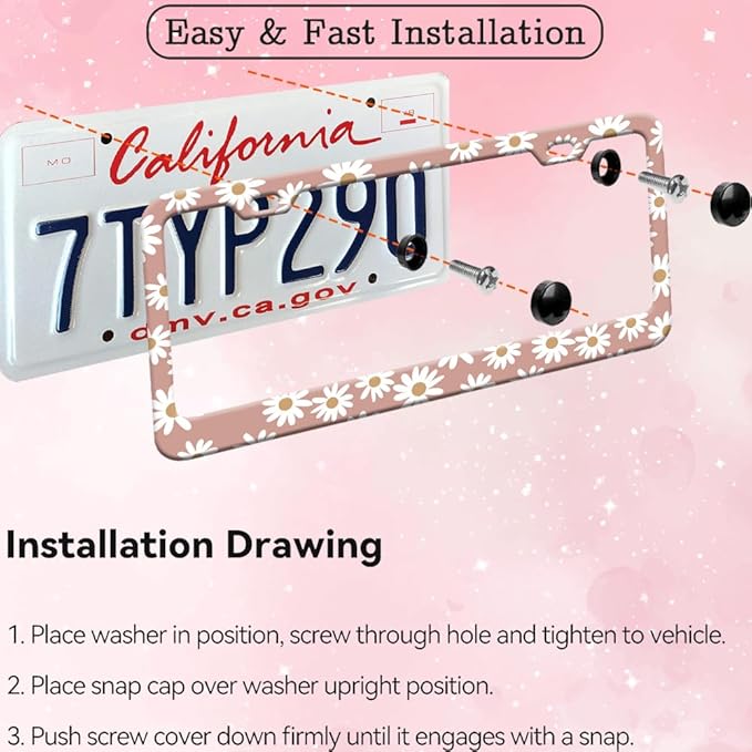 2pcs Pink Daisy Floral Aluminum License Plate Frame for Women, Daisies Flowers car Decorative tag Frames Girly, Retro Daisies License Plate Cover Holder for Vehicle with Double Sided car Keychain tag