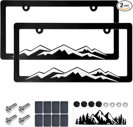 Mountain License Plate Frames- White on Black 3D Mountain Raised, ABS Plastic Car Tag Holder | Includes Rust-Proof Screws, Caps & Free Vinyl Decal Sticker