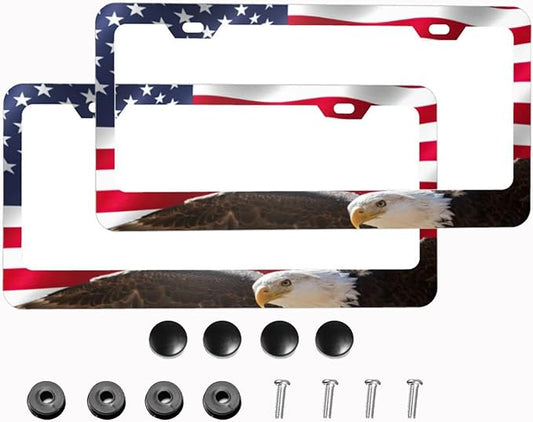 Eagle USA Flag License Plate Frames Funny Cute for USA Canada Vehicles Standard Car Tag Cover Holder Aluminum Metal for Women Men Auto Decoration Hardware Included 2 Pack