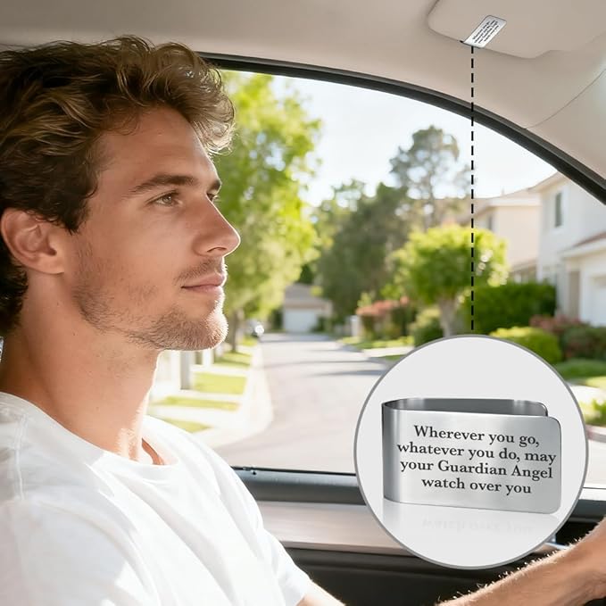 May Your Guardian Angel Watch Over You Engraved Stainless Steel Car Visor Clip, New Driver Gifts for Women Men, Funny Safe Driving Gifts for Family Friend, God Prayer Present for Religious