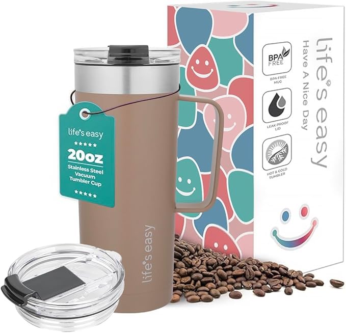 Life's Easy 20oz Stainless Steel Mug w/Handle - Double Wall Insulated Travel Tumbler w/Flip Lid - Leak Proof Tumbler-Thermal Cup for Coffee, Tea & More - Keep Hot & Cold Drinks (Brown, 20 oz)