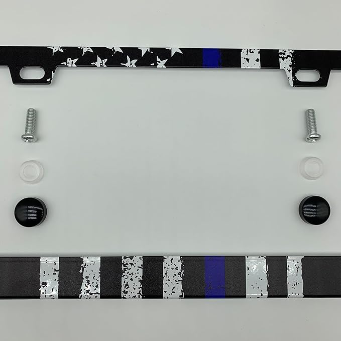 Thin Blue Line with American Flag Design Patriotic License Plate Frame Cover for Men/Women, Powder Coated Stainless Steel Auto Car Tag Frame with 2 Holes & Free Screws