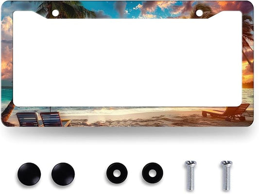 Beach Palm Tree License Plate Frame Sunset License Plate Stainless Steel Hawaiian Funny Accessory Cars Decor for Men Women 12.2 X 6.2 Inch with 2 Holes and Screws Fits Standard Us Ca Vehicles