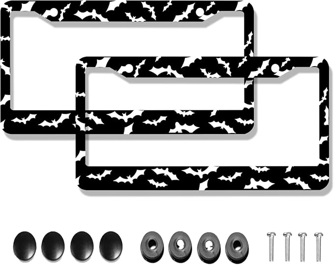 Black Bat License Plate Frame - 2Pcs Halloween Bat License Plate Holder Goth Gothic Car Decorative Accessories Cute Metal License Plate Cover for Men and Women Standard U.S. License Plate with Screws