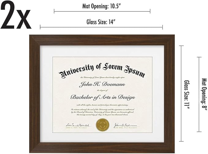 Americanflat 11x14 Walnut Diploma Frame - Displays 8.5x11 Diplomas with Mat or 11x14 Inch Without Mat - Shatter-Resistant Glass. Hanging Hardware Included! (2 Pack)