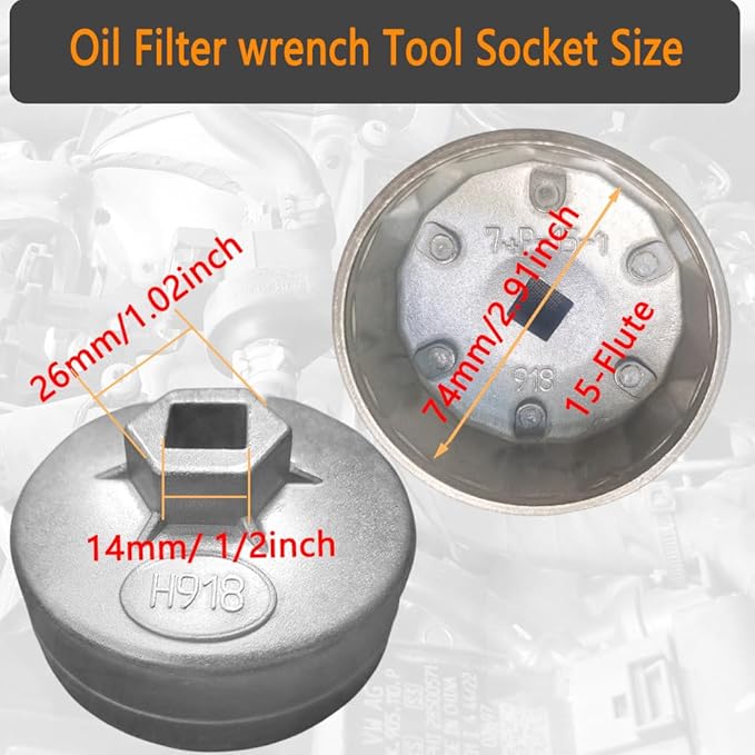 74mm 15-Flute 918 Oil Filter Wrench Tool Socket for AC Delco PF63E PF64, Fits Chevy Silverado 4.3L & Equinox 1.5L