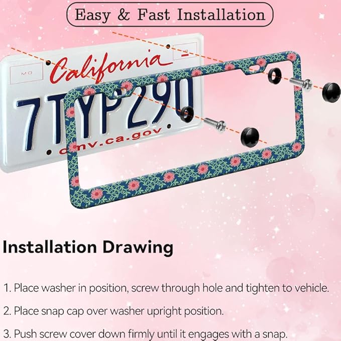 1pcs Pink Daisy Floral Blue License Plate Frame for Women, Daisies Flowers car Decorative tag Frames Girly,Green Leaves License Plate Cover Holder for Vehicle with Double Sided car Keychain tag