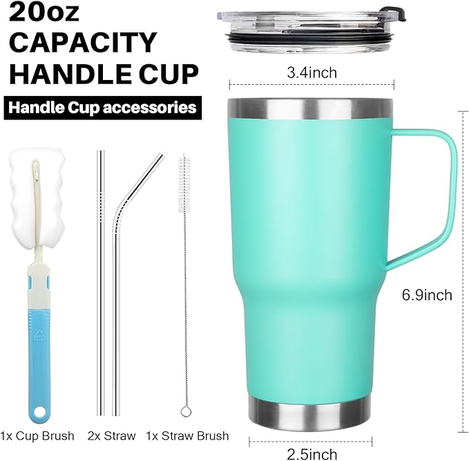 20 oz Tumbler with Handle, Stainless Steel Insulated Tumbler with Lid and Straw, Double Wall Vacuum Insulated Coffee Mug Tumbler, Insulated Coffee Thermal Cup for Cold and Hot (Mint Green)