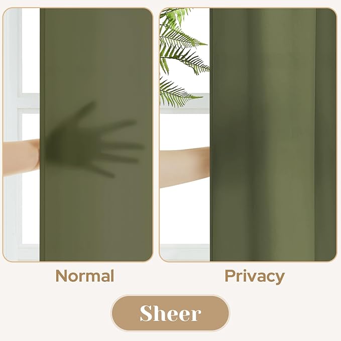 HOMEIDEAS Non-See-Through Olive Green Privacy Sheer Kitchen Curtains, 30 X 24 Inches Long 2 Panels Sheer Curtains Light Filtering Window Drapes for Bedroom Living Room