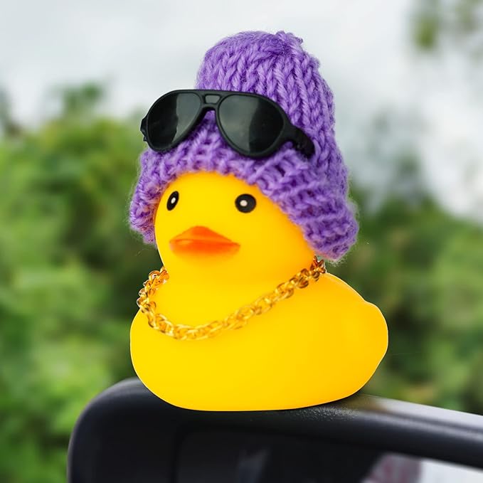 Car Rubber Duck,Yellow Duck Car Dashboard Decorations Accessories with Mini Beanie Hat Necklace and Sunglasses(W3)