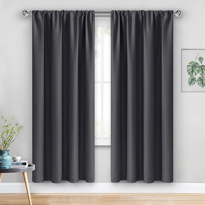 JIUZHEN Blackout Curtains for Bedroom - Thermal Insulated Room Darkening Rod Pocket Curtains for Living Room, Set of 2 Panels with Tiebacks, 38 x 72 Inch Length, Dark Grey