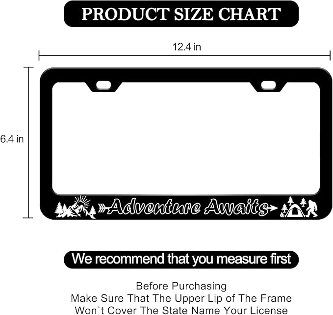 Adventure Awaits License Plate Frames - 2 PCS Personalized Mountain Camping Aluminum Metal License Plate Frames Holder, Car Decorative Tag Frames with Screws Fasteners Caps