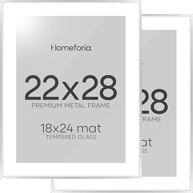 Homeforia Silver Picture Frame 22x28, High End Metal 22 x 28 Large Poster Frame with Mat 18 x 24 Photo, 22x28 Silver Frames Matted to 18x24 Print, 28x22 Thin Frames, Tempered Glass, Wall Kit, Set of 2