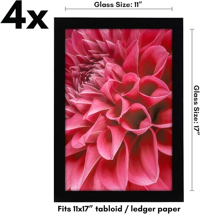 Americanflat 11x17 Picture Frame with Shatter-Resistant Glass - Set of 4 - Signature Collection - Gallery-Style Frames Made of Engineered Wood - Picture Frames for Wall Display - Black