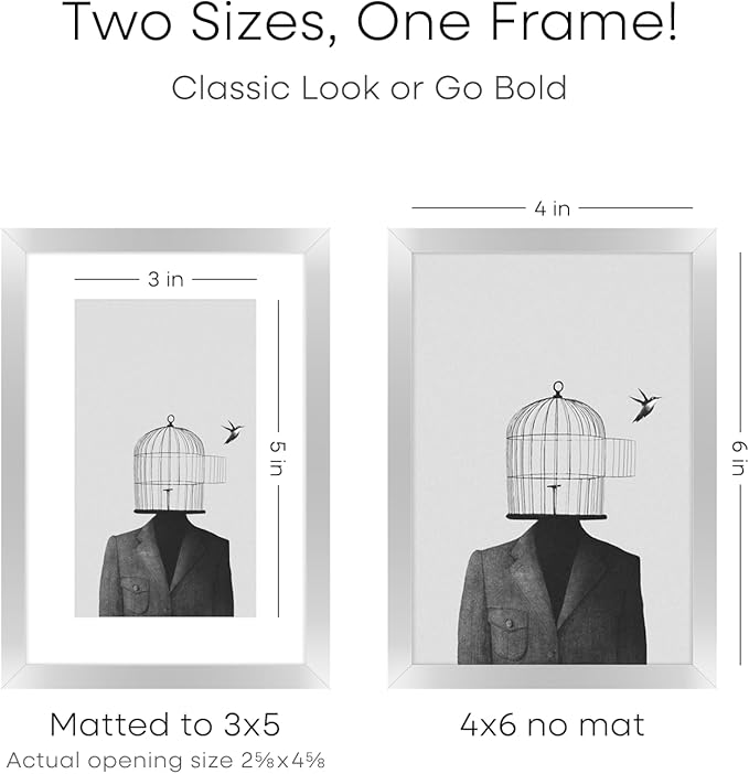 Homeforia 4x6 Picture Frame Silver, High End Metal 4 x 6 Silver Frames with Mat 3 x 5 Print, 4by6 Desk Frame Matted to 3x5 inch Photo, 4 by 6 Wall or Tabletop Frame, Tempered Glass, Wall Kit, Set of 2