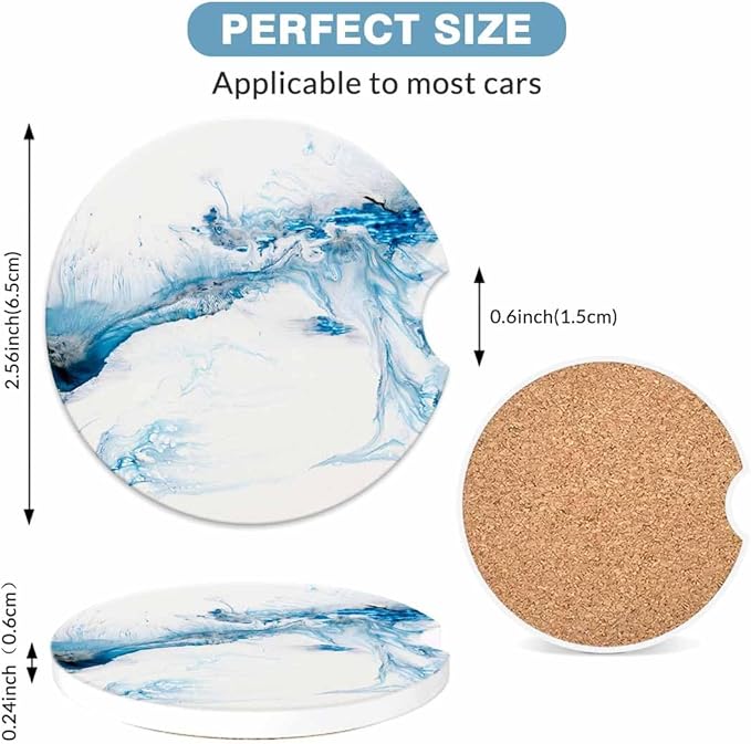 Blue Creative Liquid Car Coasters for Cup Holders Car Cup Holder Coasters 2 Pack for Car, Anti Slip Ceramic Car Cup Mat with Finger Notch Cute Car Interior Accessories for Women Men