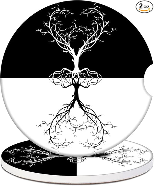 Car Cup Holder Coaster - Yin Yang Tree of Life Absorbent Ceramic Coaster 2 Pack, Car Coasters for Cup Holders, Fashion Car Interior Accessories Drink Coaster for Women & Men
