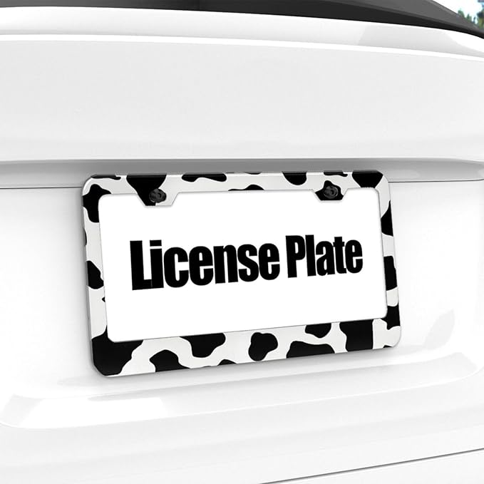 Cow Print License Plate Frame - 1 Pack Personalized Animal White Black Spot License Plate Holder Aluminum Metal Car Tag Cover with 2 Holes Decoration for US Vehicle Standard for Women Men