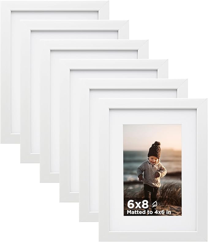 KINLINK 6x8 Picture Frame White Set of 4, Wooden Photo Frames Matted 4x6 with Plexiglass for 4x6 with Mat or 6x8 without Mat for Table and Wall Display