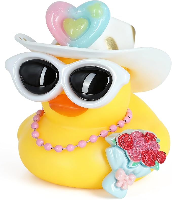 BOZILY Rubber Duck with White Sunglasses, Cowboy Hat, Heart Decor, Pink Necklace, Rose Bouquet & Adhesive Tapes,Cute Dashboard Decor for Adults, Home Office Decoration