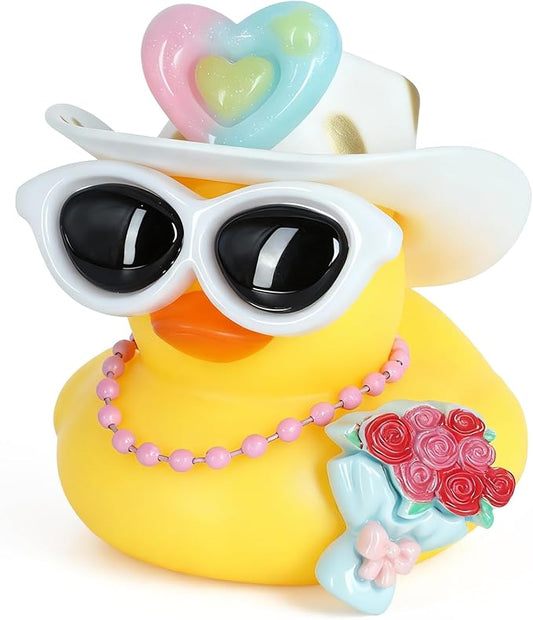 BOZILY Rubber Duck with White Sunglasses, Cowboy Hat, Heart Decor, Pink Necklace, Rose Bouquet & Adhesive Tapes,Cute Dashboard Decor for Adults, Home Office Decoration