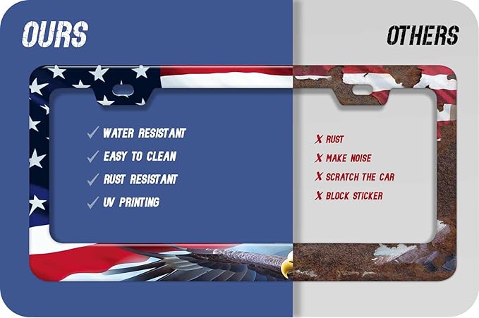 1PCS Bald Eagle American Flag License Plate Frame Holder - USA Stars and Stripes Auto Universal Aluminum Matte Car Tag Holder Covers with Sticker & Screws for Men