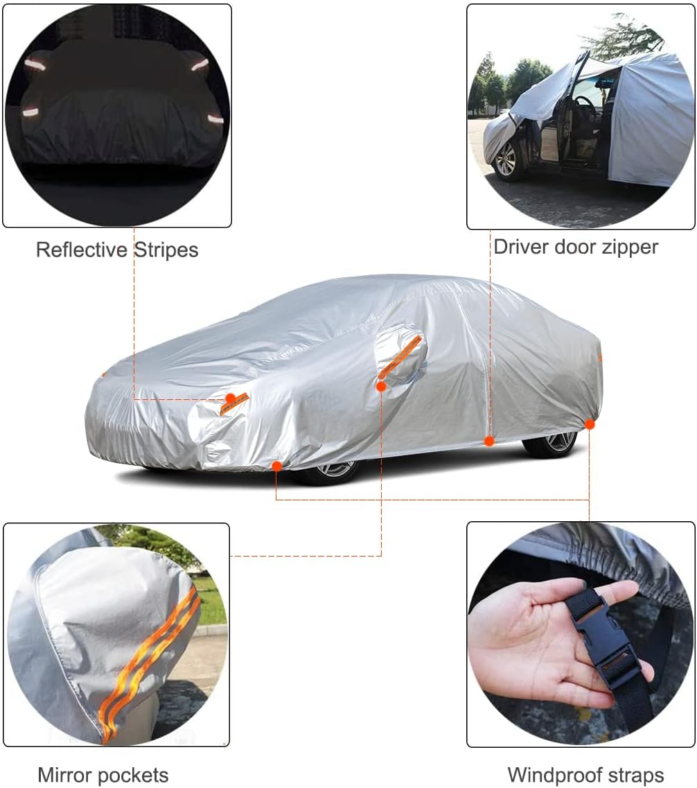 Kayme Car Covers for Automobiles Waterproof All Weather Sun Uv Rain Protection with Zipper Mirror Pocket Fit Sedan Toyota Prius, Mercedes Benz CLK, Cadillac ATS, Nissan Sentra .(178 to 185 Inch) 3L