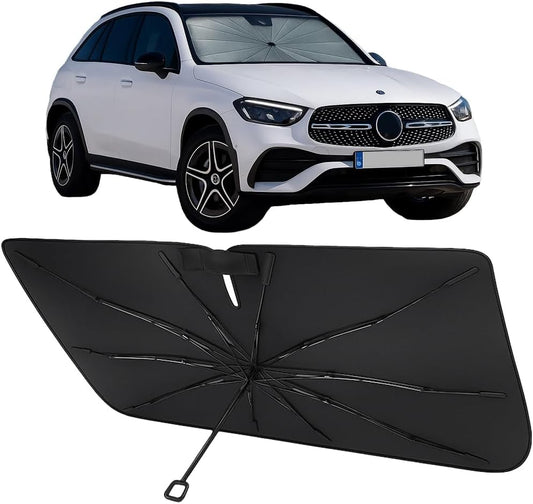 Proadsy Windshield Sun Shade Umbrella for Mercedes-Benz GLC 2023-2025 Foldable Car Umbrella Sunshade with Soft TPU Handle Spring Structure Crystal Cooling Material Protect Car from Rays & Heat