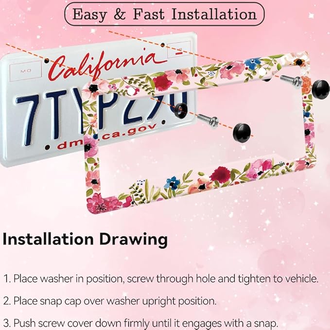 2pcs Abstract Flowers Floral License Plate Frame for Women,Pink Flowers Floral car Decorative tag Frames Girly,Hand-Painted Artistic Pink Flowers Floral License Plate Cover Holder for Vehicle