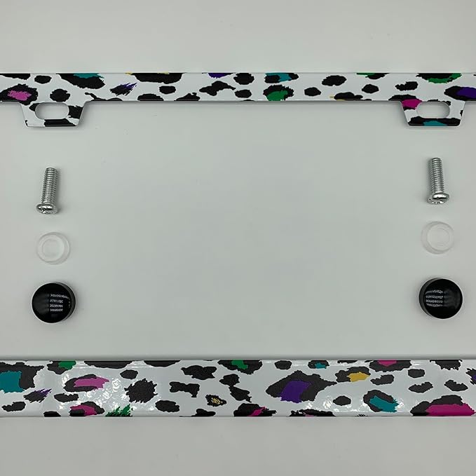Colorful Leopard Print Cheetah Spots License Plate Frame Cover, Matte White Powder Coated Stainless Steel, Animal Print Auto Car Tag Frame with 2 Holes & Free Screws