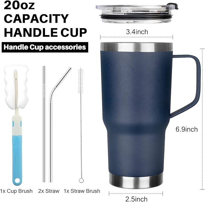 20 oz Tumbler with Handle, Stainless Steel Insulated Tumbler with Lid and Straw, Double Wall Vacuum Insulated Coffee Mug Tumbler, Insulated Coffee Thermal Cup for Cold and Hot (Navy Blue)